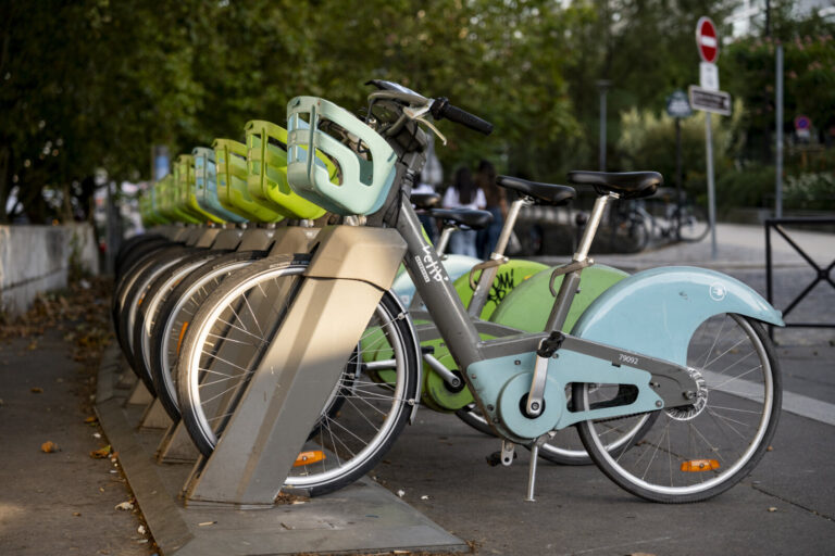 France, Paris, 2026-08-22. Velib' bicycles in Paris. Velib' Metropole, launched in 2007, is one of the main bike-sharing