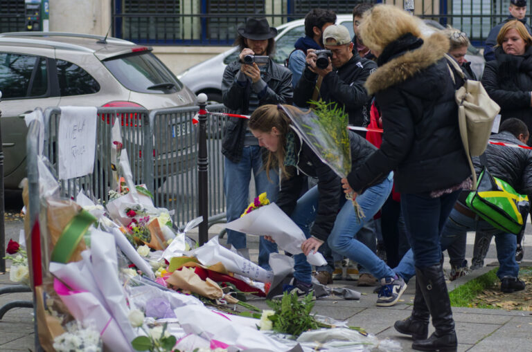 France, Paris, 2015-11-14. In the aftermath of the November 13 attacks in Paris, thousands gathered outside the Bataclan