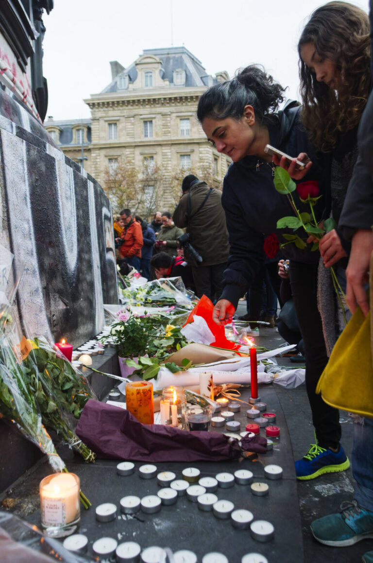 France, Paris, 2015-11-14. In the aftermath of the November 13 attacks in Paris, thousands gathered outside the Bataclan