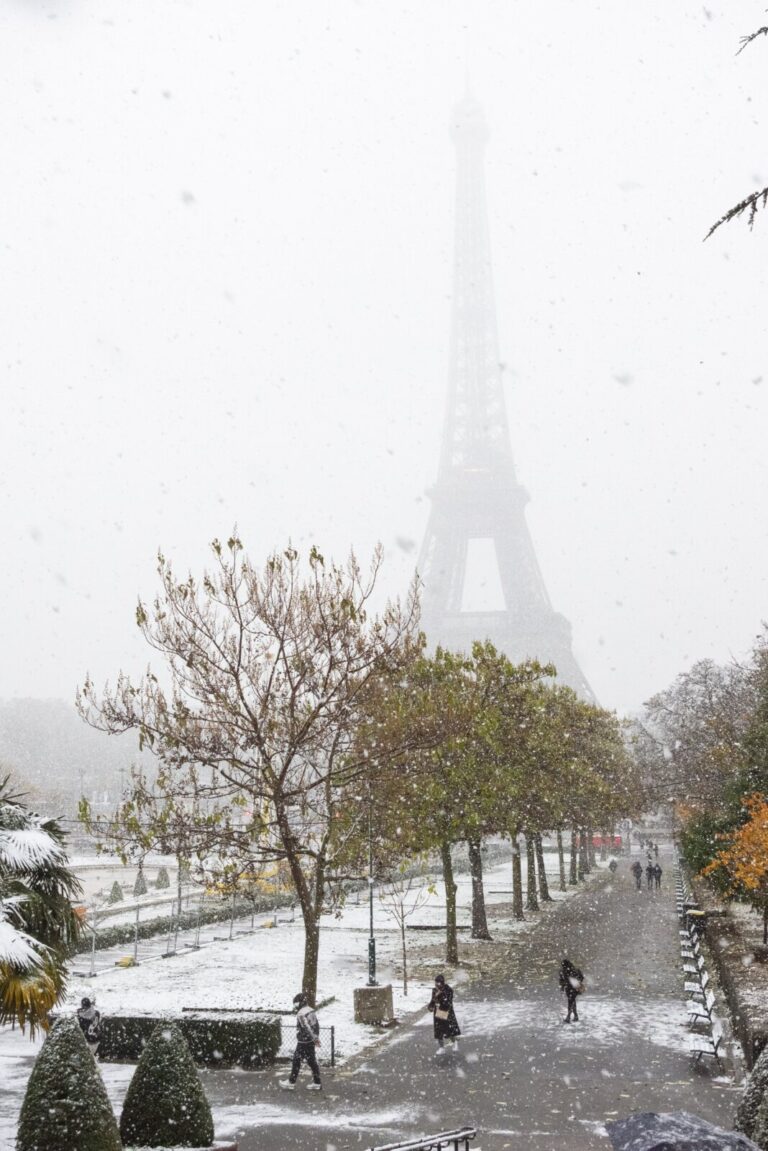 France, Paris, 2024-11-21. Paris in the snow. The Trocadero, its gardens, and the Eiffel Tower, covered in a white veil,