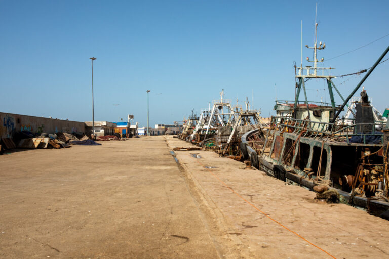 Morocco, Essaouira, 2019-09-27. Trawlers are moored at the deserted quay. The boats cannot leave because of the storm. P