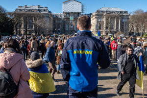 France, Lille (Hauts-de-France), 2022-02-26. The Russian army invades Ukraine. Hundreds of people gathered in Place de l