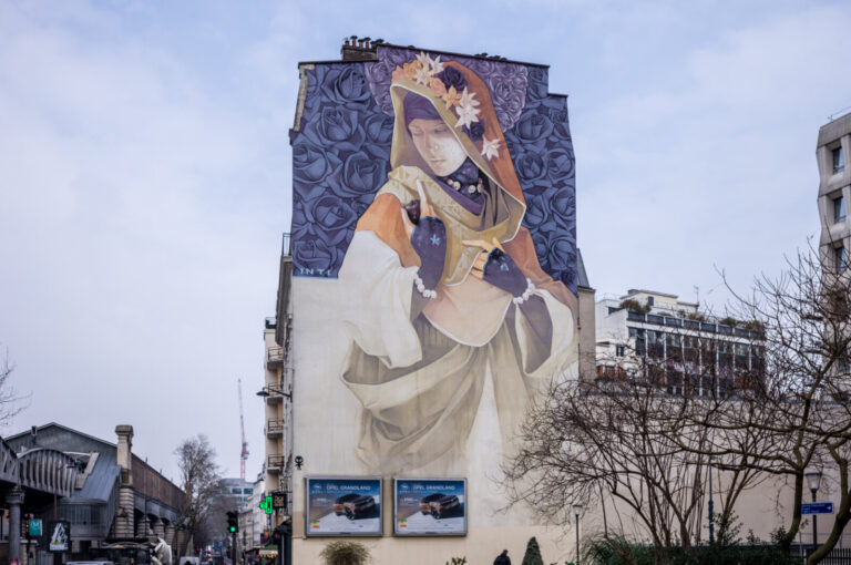 France, Paris, 2025-03-11. The Madre Segular by Inti Castro. Fresco depicting a secular version of the Madonna. In the 1