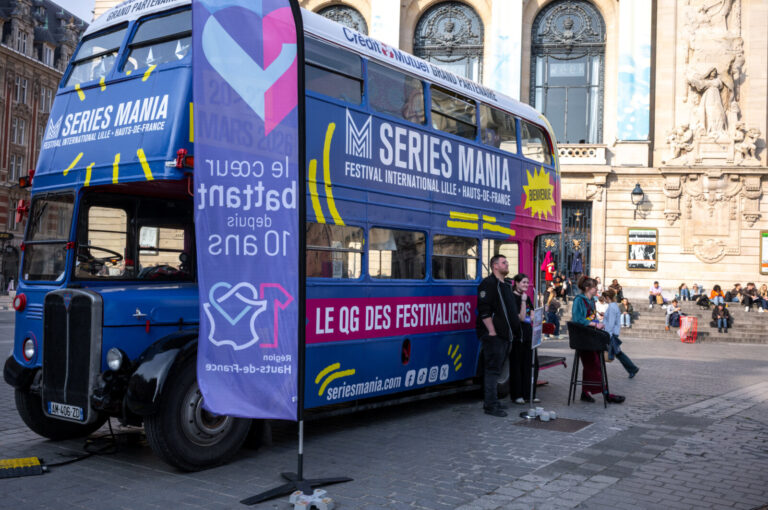 France, Lille, 2026-03-20. Lille, 2026-03-20. A bus decked out in the colours of the Series Mania festival welcomes visi