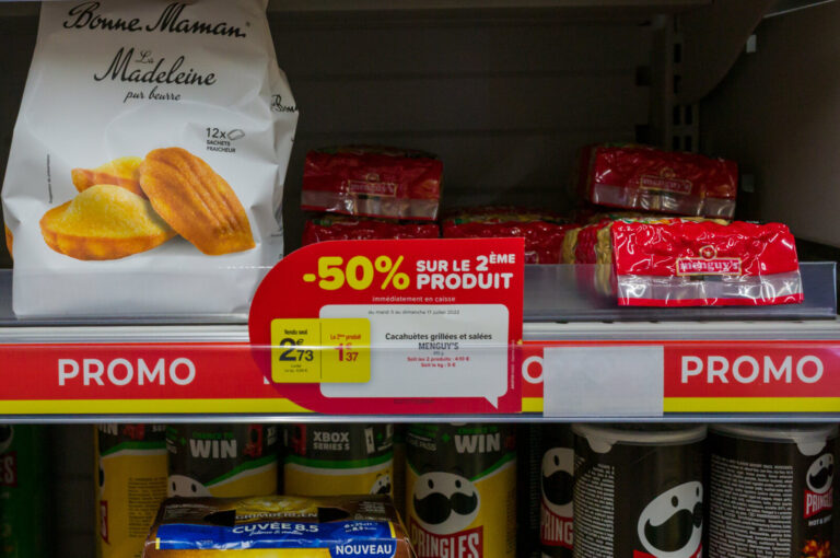 France, Lille, 2022-07-12. In supermarkets, price labels display prices and promotions intended to combat inflation and 