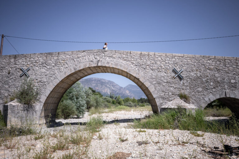 France, Moustier, 2022-06-19. France, Trigance,2022-06-19. A bridge over the dry Jabron river due to the lack of snow la
