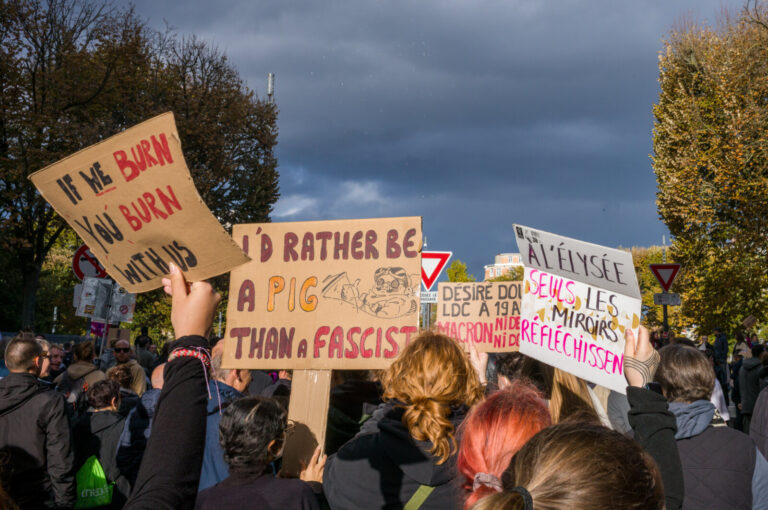 France, Lille, 2026-10-17. Protesters seen from behind raise placards with a cartoon pig, an antifascist slogan and a me