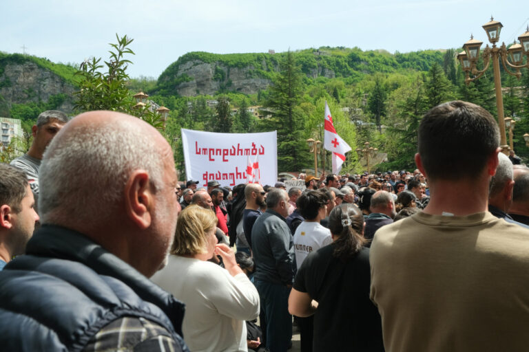 Georgia, Chiatura, 2025-05-01. On labour day miners gathered in front of the city hall. They are in conflict with the co
