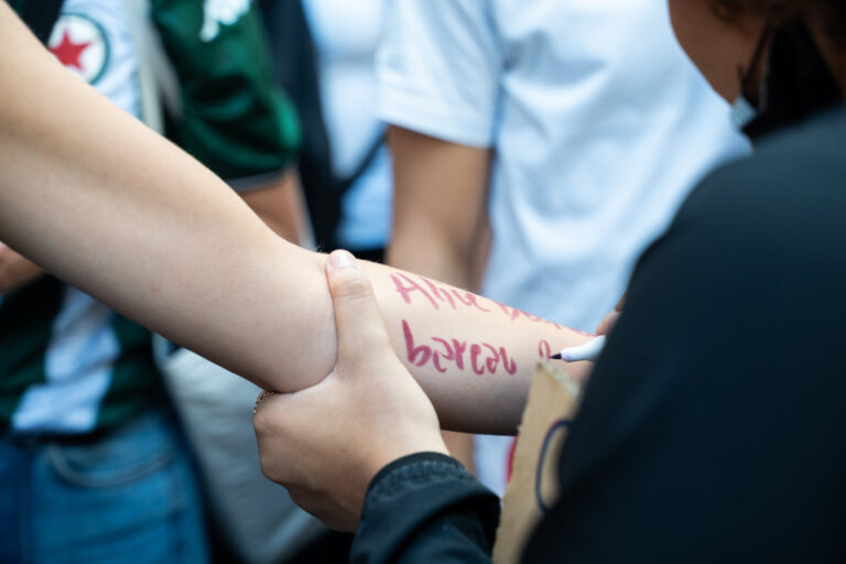 France, Paris, 2026-10-06. During the third National Day of Action for Education, young female protesters wrote their la