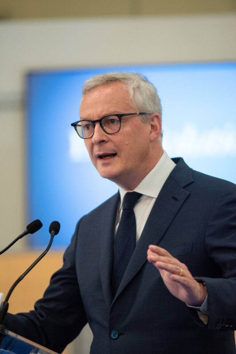 France, Ergue-Gaberic, 2024-05-17. May 17th 2024, Finistere, France - Bruno le Maire, french Economy Minister, gives a t