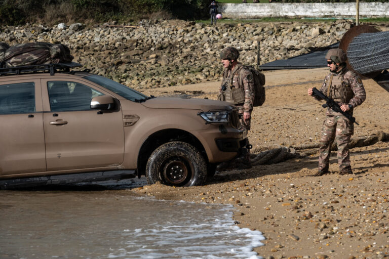 France, Morbihan, 2026-02-14. A military SUV is stuck in sand during the military exercice Orion 2026, on the Atlantic b