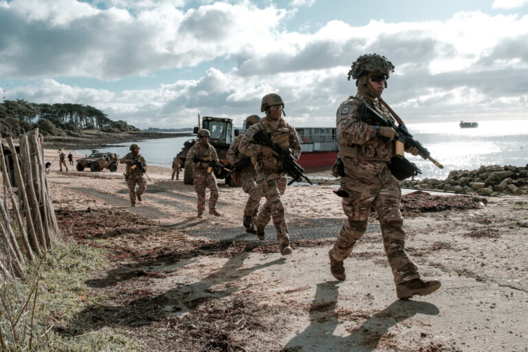France, Morbihan, 2026-02-14. Troops and gear land on a beach during the Orion 2026 military joint training, on western 