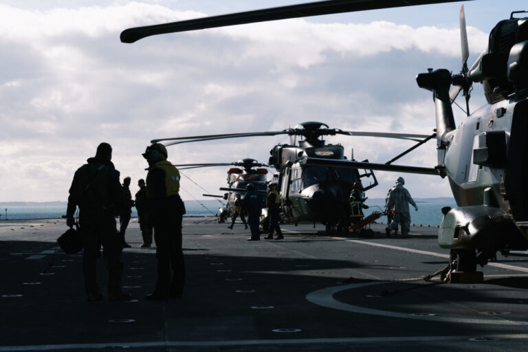 France, Morbihan, 2026-02-14. Three NH90 helicopters onboard the french carrier "Mistral", during the ORION 2026 militar