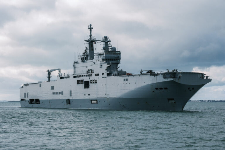 France, Morbihan, 2026-02-14. Outside view of the french Helicopter Carrier "Mistral", during the ORION 2026 military dr