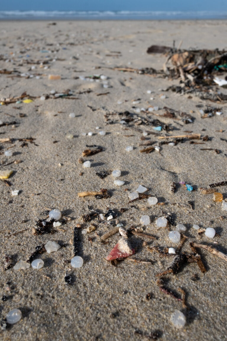 France, Penmarc'h, 2024-01-26. Des micro-billes de plastique appelees "larmes de sirene" sont echouees et polluent une p