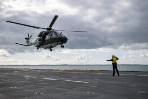 France, Morbihan, 2026-02-14. A militray helicopter lands on the french carrier "Mistral", during the ORION 2026 militar