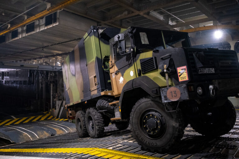 France, Morbihan, 2026-02-14. Land army truck onboard the french Helicopter Carrier "Mistral", during the ORION 2026 mil