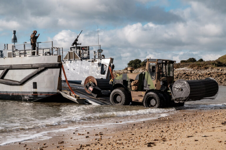 France, Morbihan, 2026-02-14. Troops and gear land on a beach during the Orion 2026 military joint training, on western 