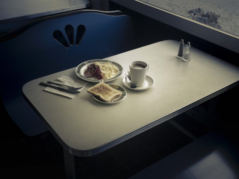 Scotland, Highlands, 2017-06. Typical British breakfast: scrambled eggs, bacon, toast and coffee. Scan from a 6x7 negati