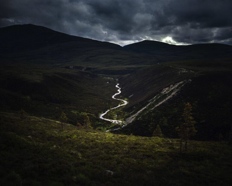 Scotland, Highlands, 2017-06. In the Highlands, a river winds through a valley. Scan from a 6x7 negative film. Photograp