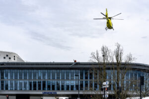 France, Nantes, 2024-02-15. The SAMU helicopter takes off from the emergency roof of the Hotel Dieu, a hospital in Nante