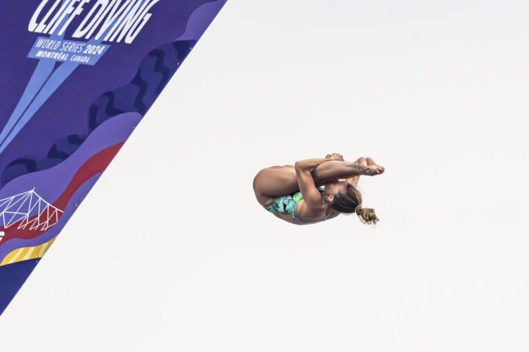 Canada, Montreal, 2024-08-05. Kaylea Arnett during her last dive from the 21 meters platform during women finals of the 