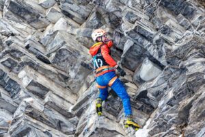 Canada, Quebec, 2025-02-22. JC Dubeau faces the dry tooling challenge during the Festiglace enduro. Against the stratifi