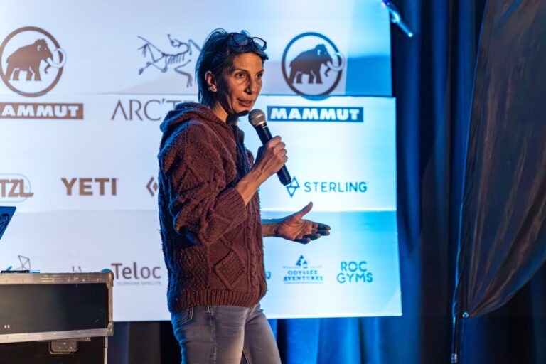 Canada, Pont-Rouge, 2025-02-22. World-renowned Spanish alpinist Cecilia Buil presents her experiences opening new ice cl
