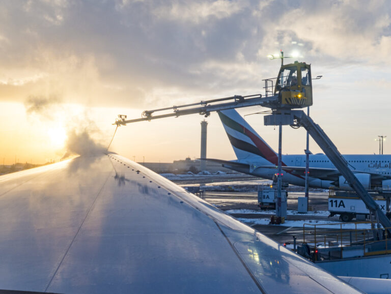 France, Paris, 2026-01-07. De-icing of an Air Canada aircraft seen from inside the cabin at Roissy Charles-de-Gaulle air