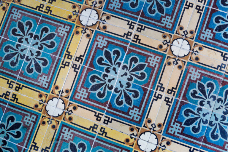 France, Ecuisses, 2022-06-01. Ceramic floor tiles from the Perrusson villa. The house-catalogue showed the know-how of t