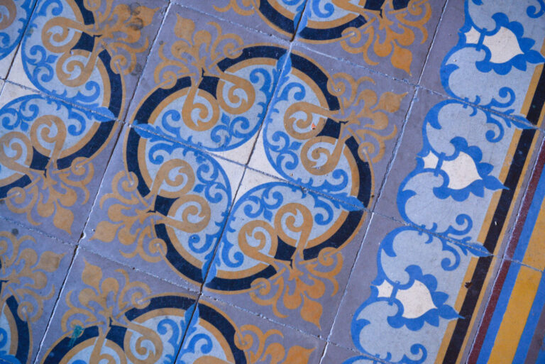 France, Ecuisses, 2022-06-01. Ceramic floor tiles from the Perrusson villa. The house-catalogue showed the know-how of t
