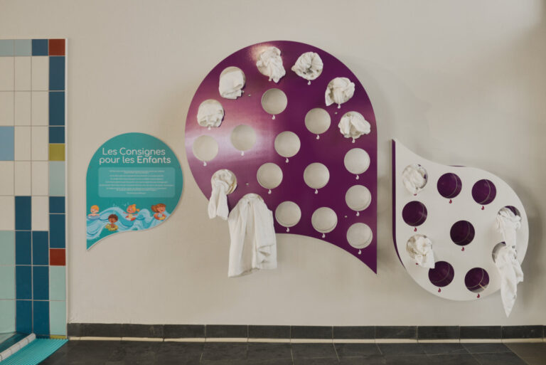 France, Le Devoluy, 2022-03-15. Design towel rack, in the shape of a water drop and the purple colour of the Odycea logo
