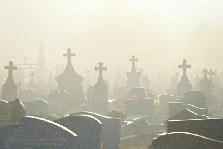 France, Digoin, 2026-10-16. Several recent marble tombs and older stone tombs topped with crosses in a cemetery, bathed 