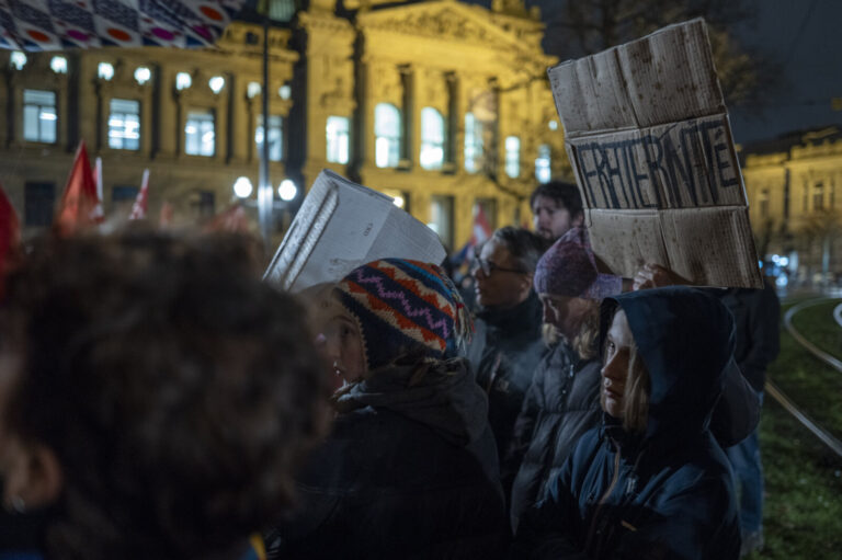 France, Strasbourg, 2023-12-21. Demonstration in front of the prefecture of Bas-Rhin in Strasbourg. Unauthorized assembl