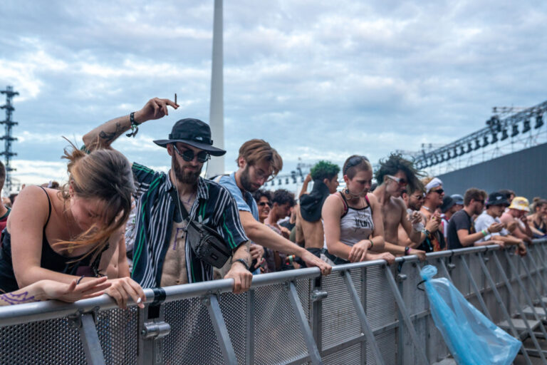 Festival-goers dance in the Balzaal at Dour.Des festivaliers dansent a Dour dans la Balzaal. Photograph by Corinne LONG